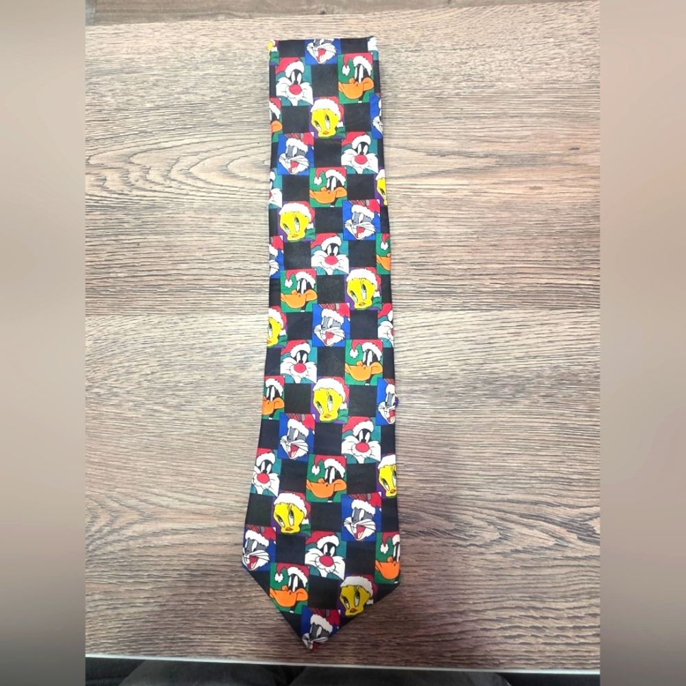 VTG 1996 LOONEY TUNES MANIA CHRISTMAS BLACK MENS NECKTIE TIE